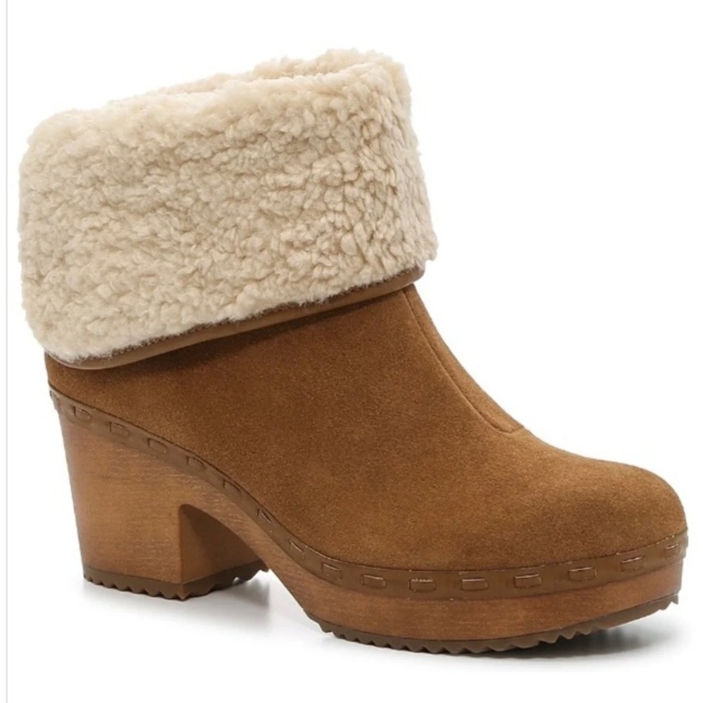 Crown Vintage Seloina Brown Suede Sherpa Bootie Western Clog Heel 8.5M New